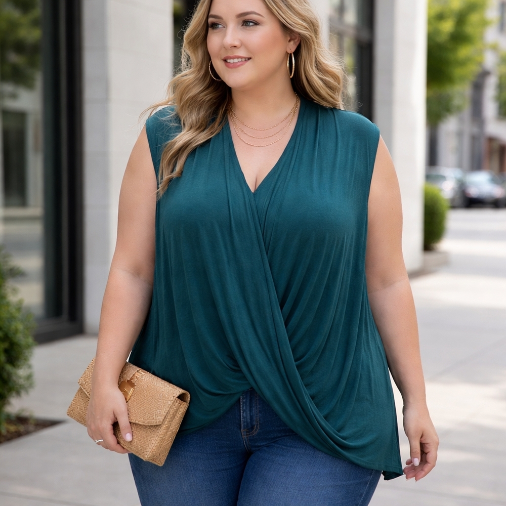 NWT Davi & Dani Teal Draped Surplice Stretch Plus Size Top | Flowy Sleeveless